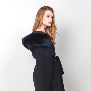 100% Wool Black Women's Belted Hooded Winter Coat with Faux Fur Trim